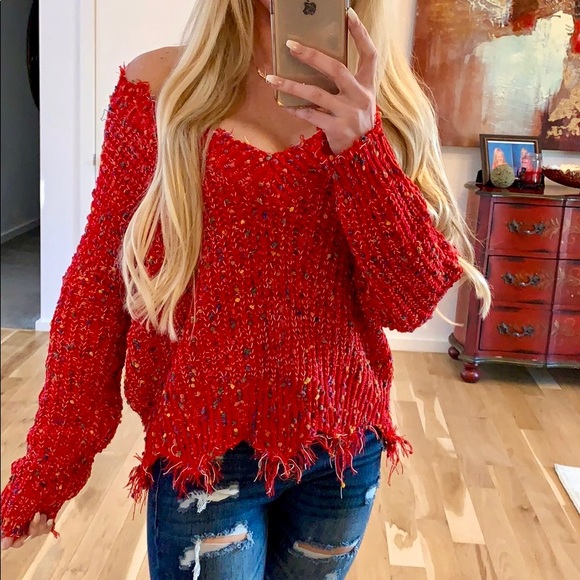 Red V-Neck Distressed Sweater - Picture 6 of 7